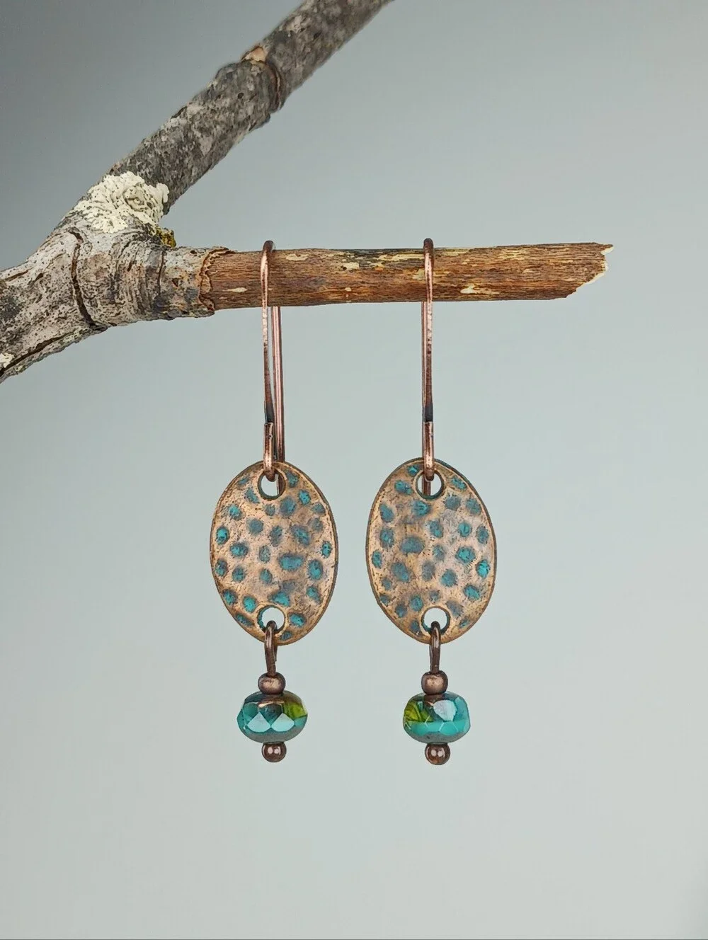 Patina Copper Earrings Turquoise Czech Glass Rustic Artisan Hand Crafted